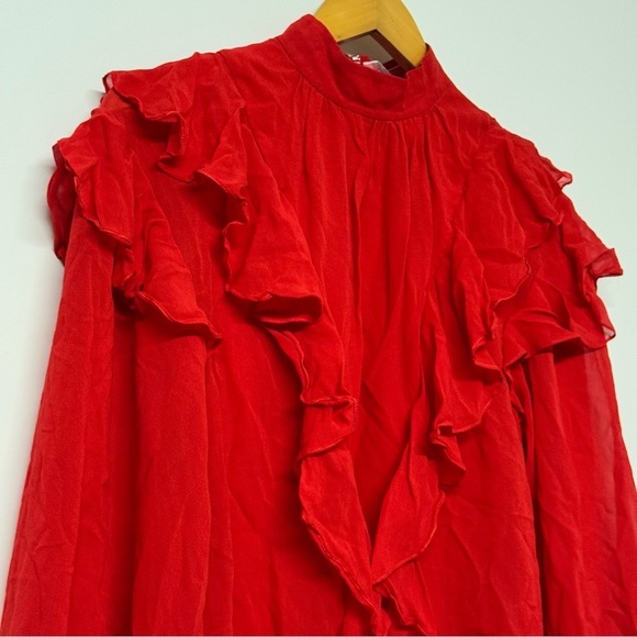 GiAMBATTiSTA VALLi x HM Red Silk Chiffon Blouse Sheer Cascade Ruffle Long Sleeve - Picture 4 of 10